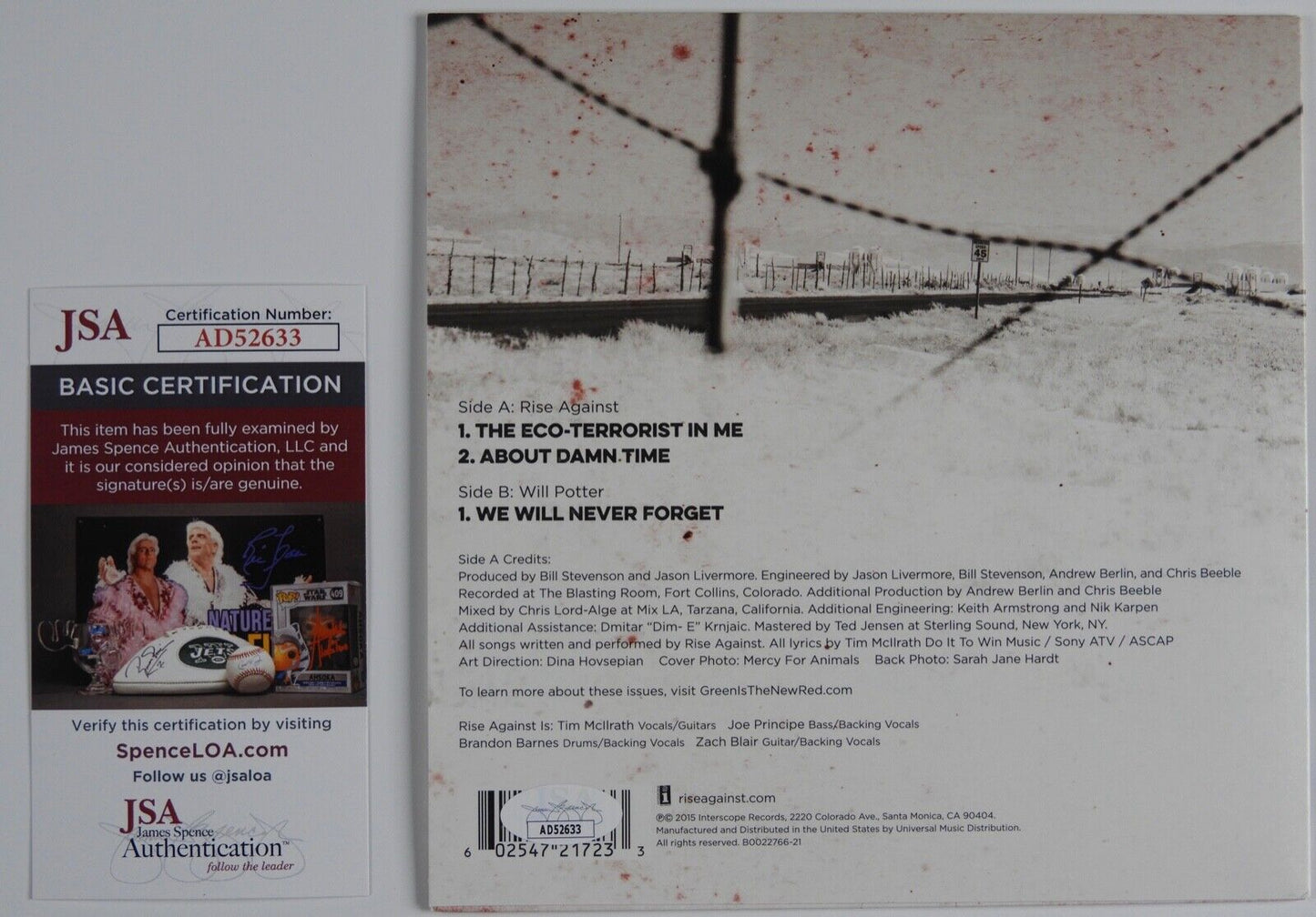 Rise Against Signed Autograph 45 JSA Vinyl Record The Eco-Terrosist