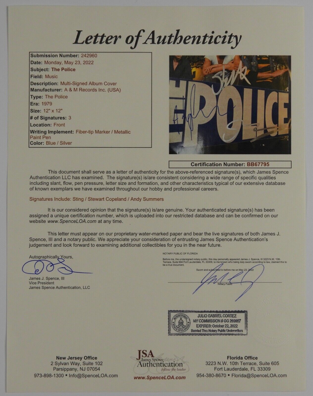 The Police JSA Signed Autograph Photo Album Reggatta De Blanc Sleeve