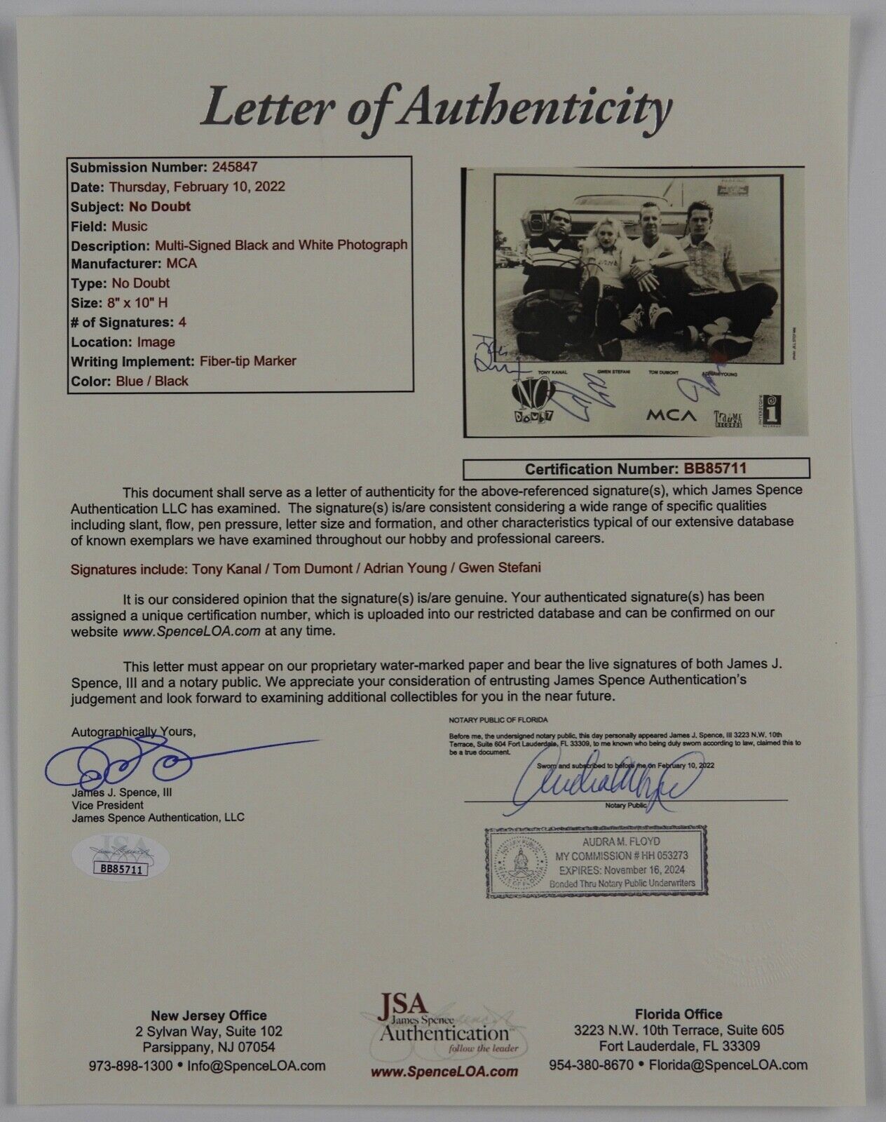 No Doubt Autograph Signed Gwen Stefani Promo Photo Full Band JSA