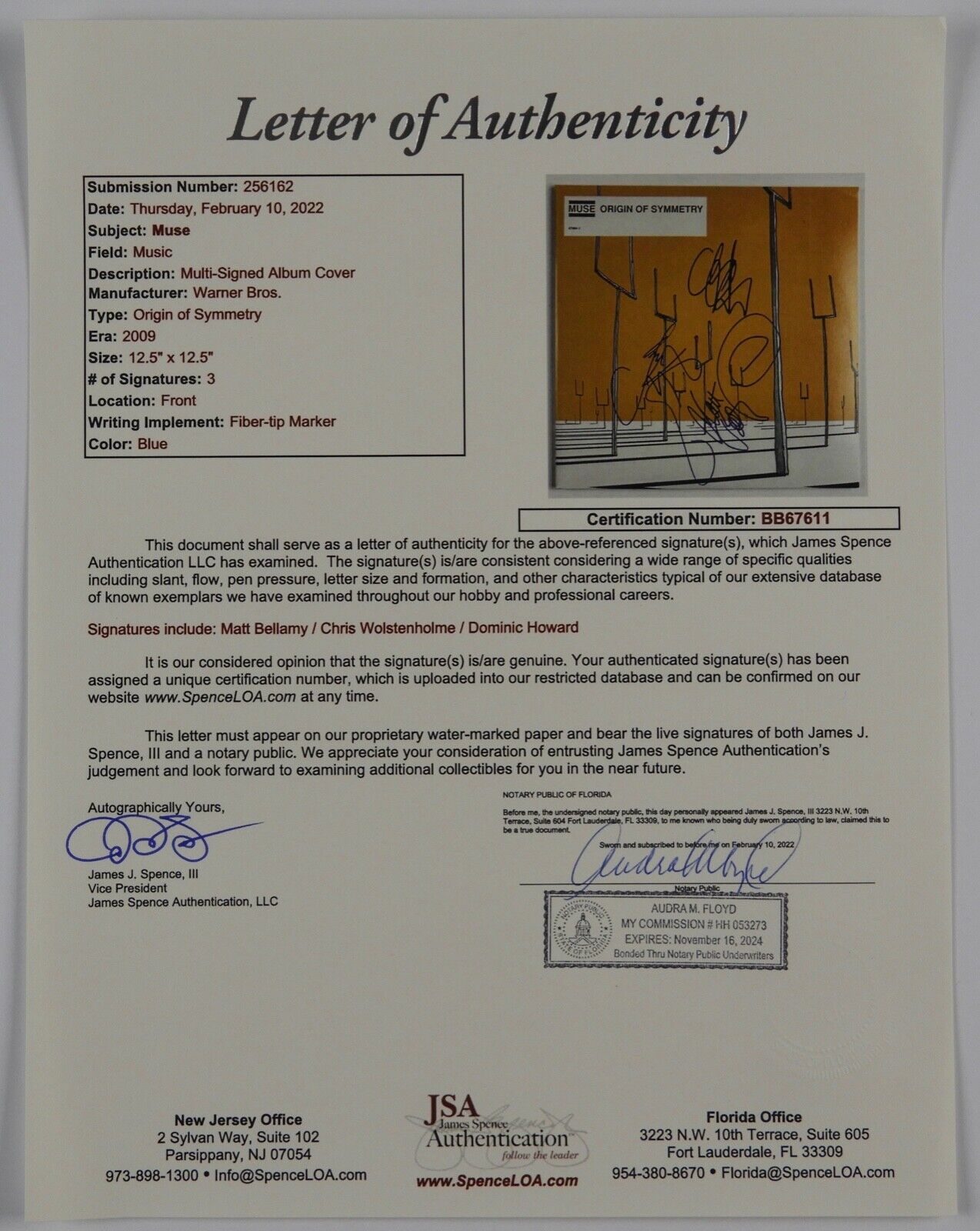 MUSE Origin Of Symmetry JSA Fully Group Signed Autograph Record Vinyl Album
