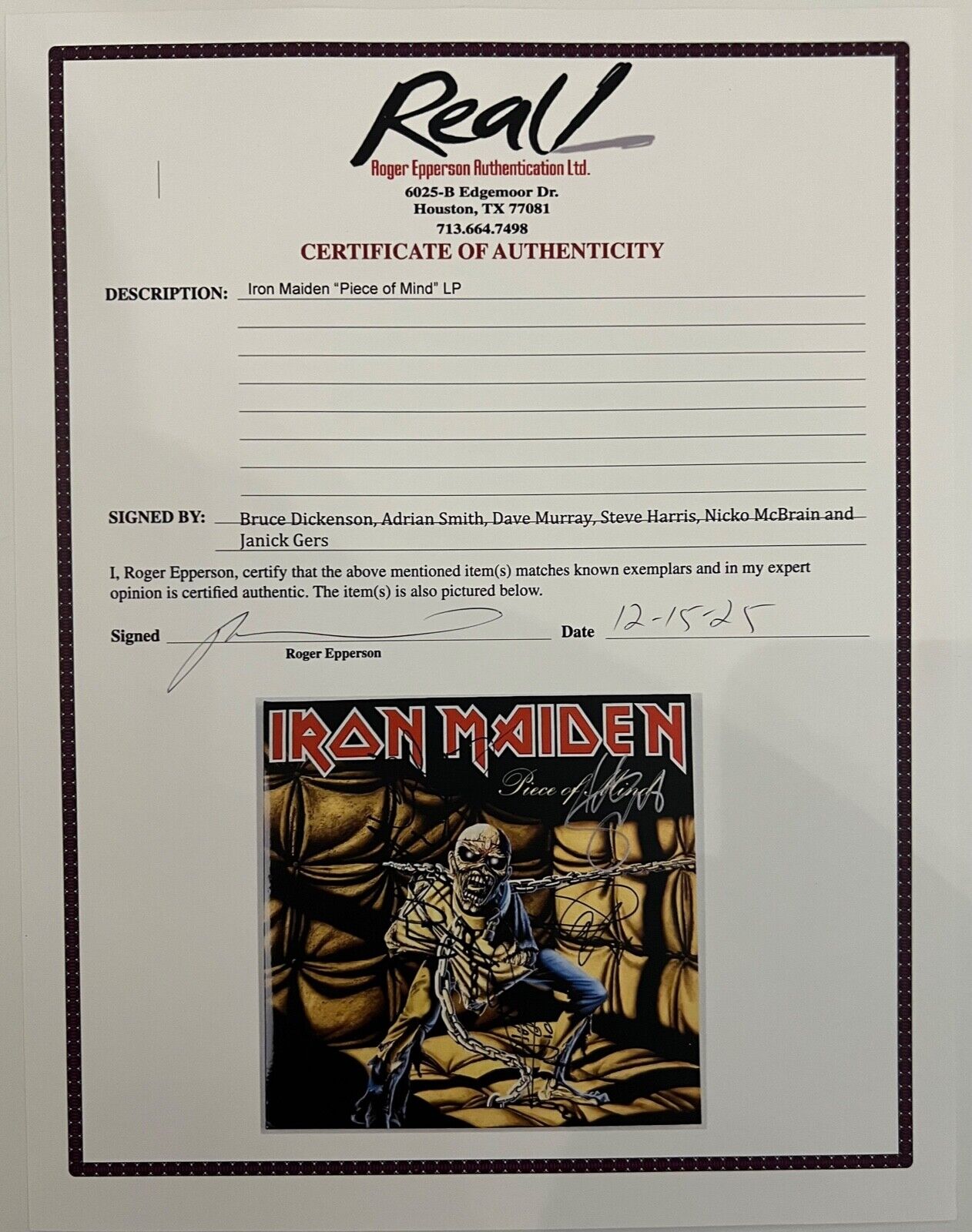 Iron Maiden Autograph Signed Fully Piece Of Mind Epperson REAL JSA 6 sigs