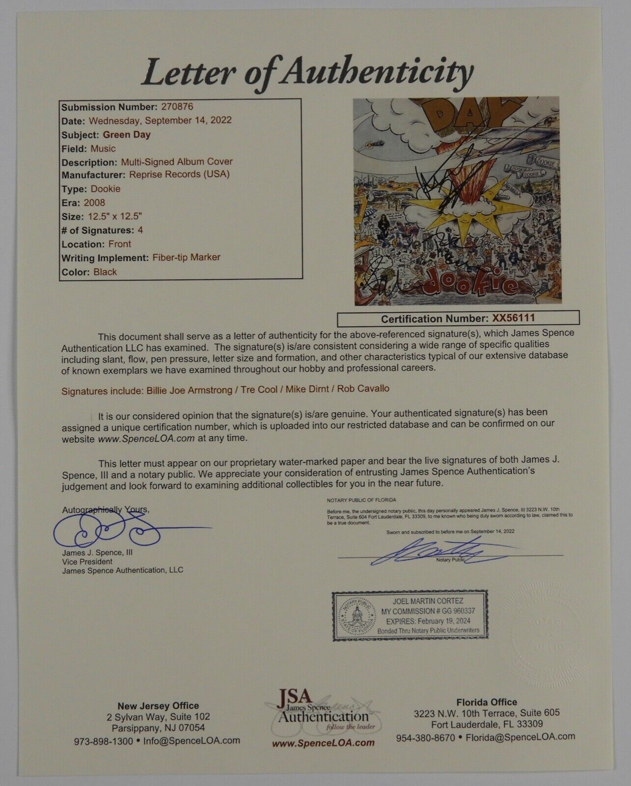 Green Day JSA Fully Signed Autograph Album Record Vinyl Dookie Billie Joe