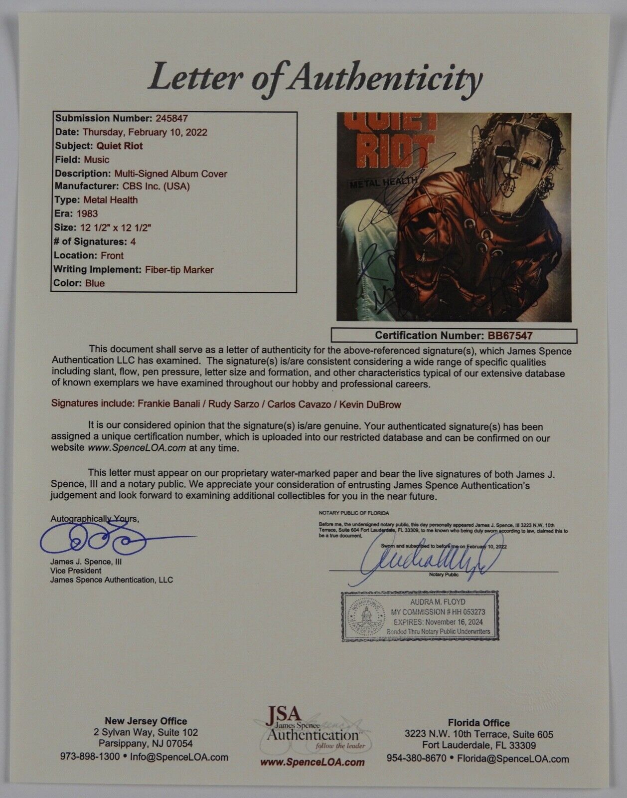 Quiet Riot Signed Autograph JSA Record Album Vinyl Metal Health Kevin DuBrow