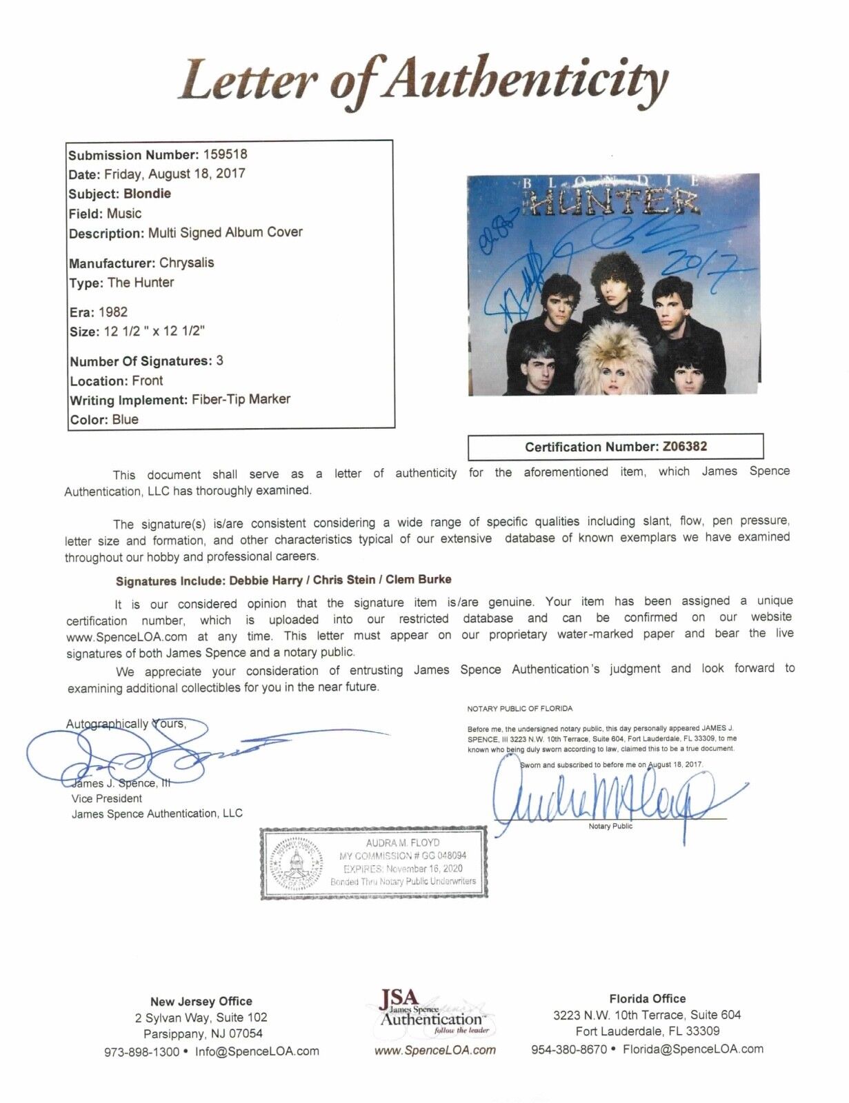 Blondie Hunger Debbie Harry + Band Signed Autograph Album JSA Vinyl Record