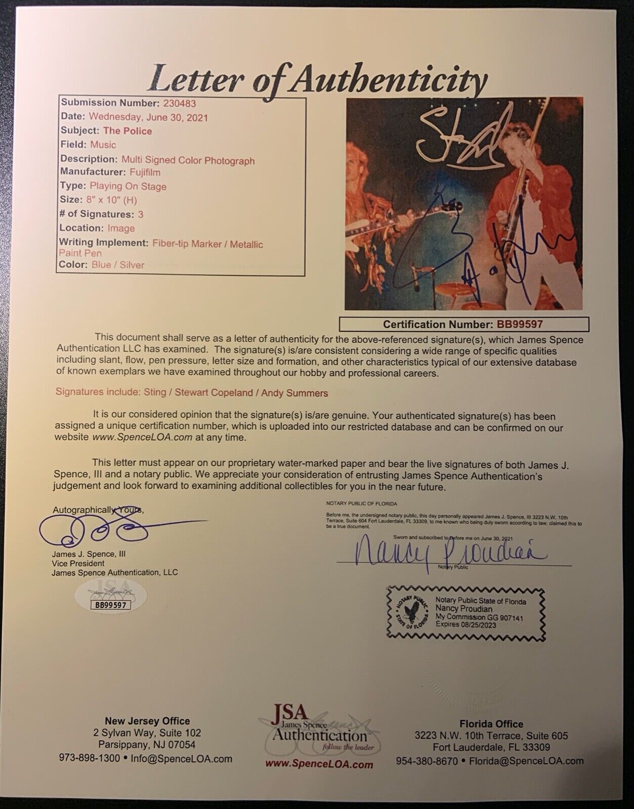 The Police JSA Signed Autograph Photo Sting Andy Summers Stewart Copeland 8 x 10