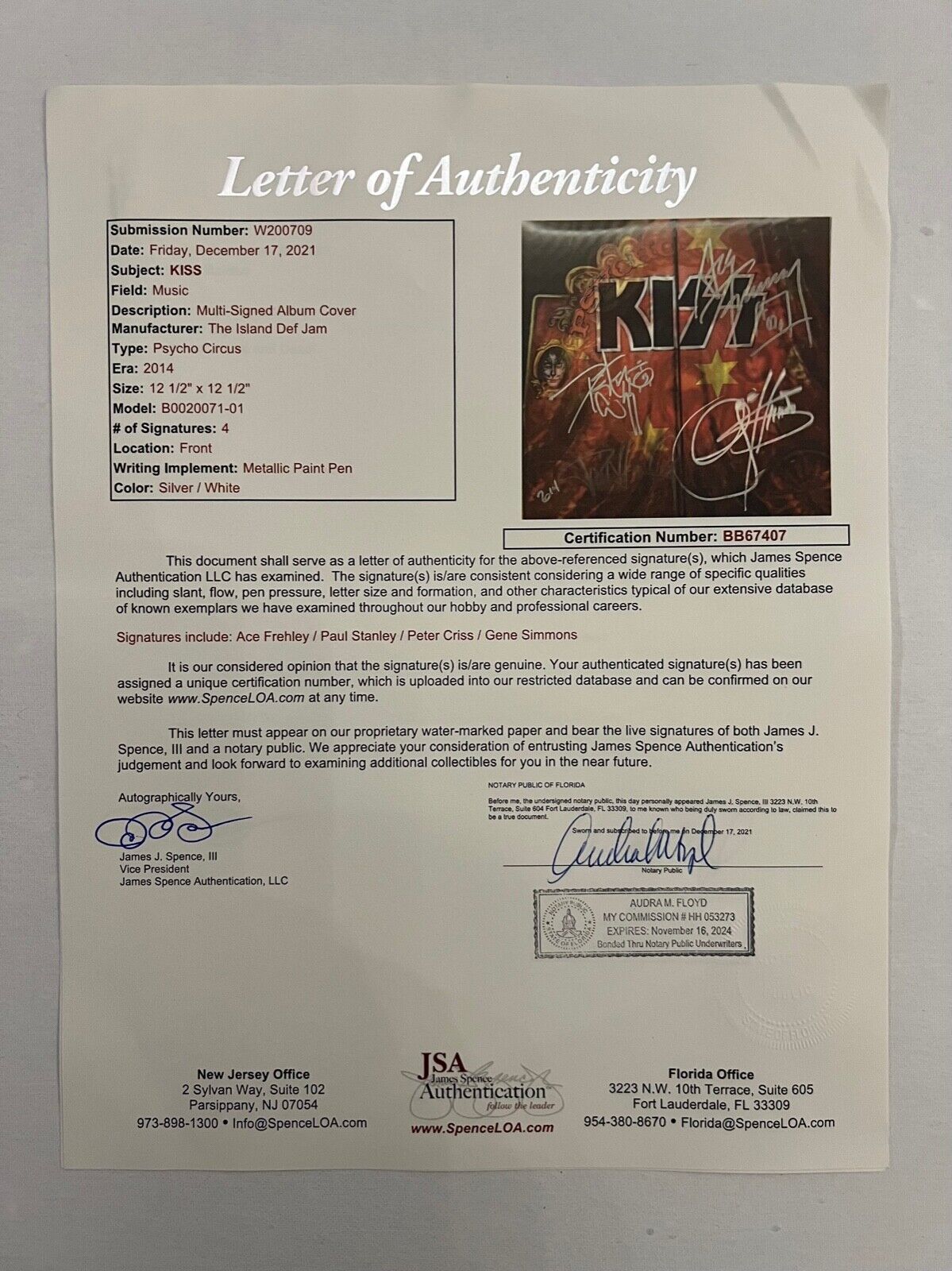 KISS JSA Paul Gene Fully Signed Autograph Record Album Psycho Circus LENTICULAR