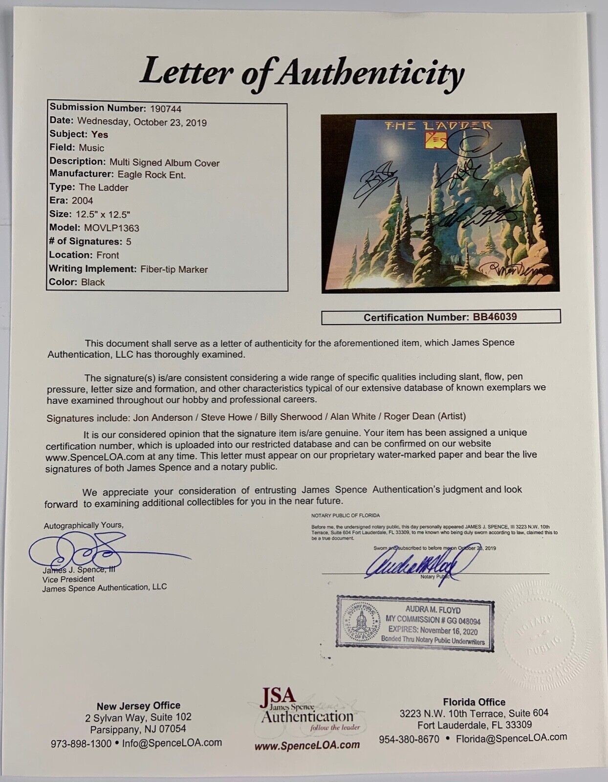 YES JSA Signed Autograph Album Record Vinyl Jon Anderson Roger Dean The Ladder