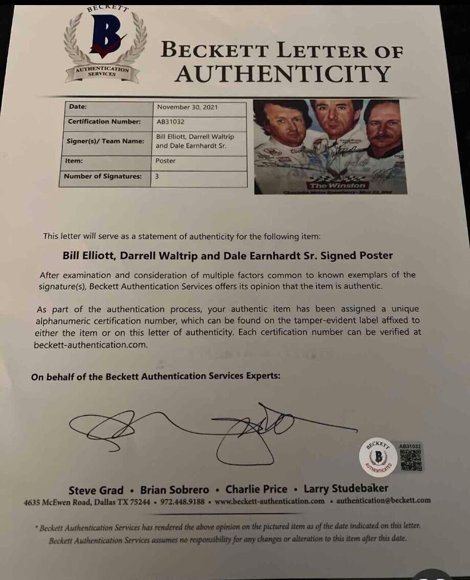 Dale Earnhardt Bill Elliott Darrell Waltrip Beckett Signed Autograph The Winston