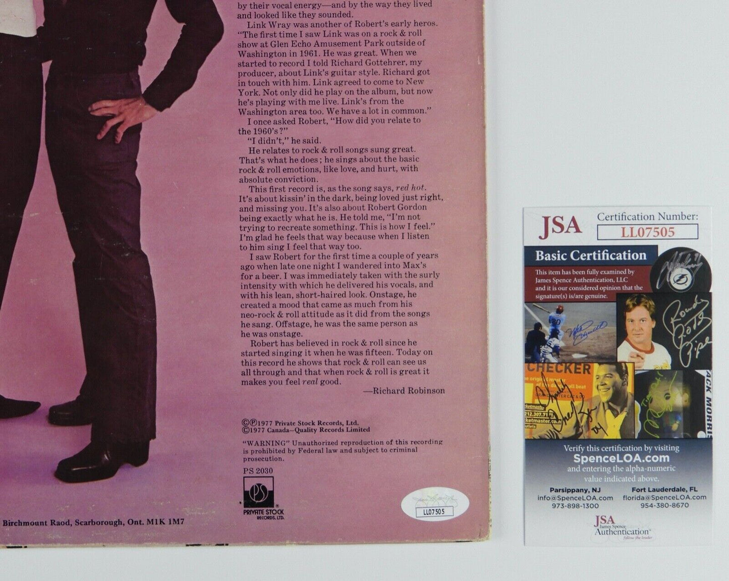 Robert Gordon JSA Signed Autograph Album Vinyl Record LP