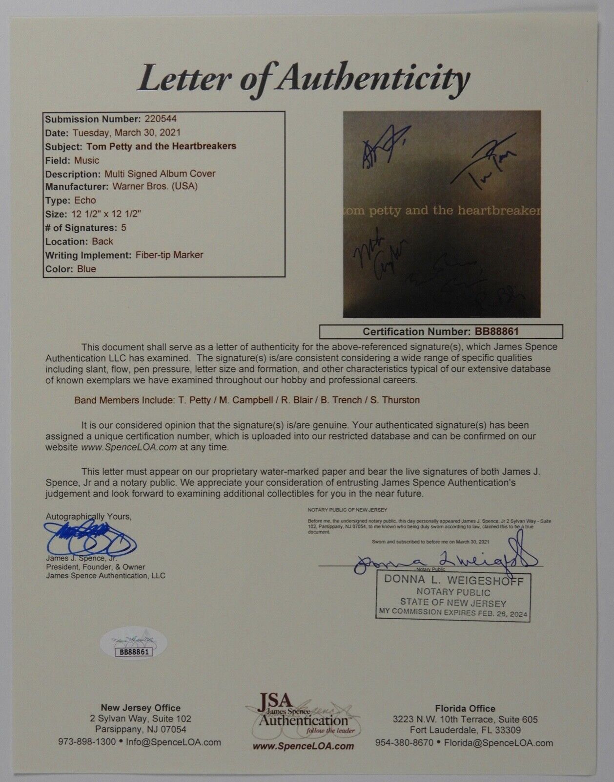 Tom Petty and the Heartbreakers JSA Signed Autograph Album Vinyl Record Flat