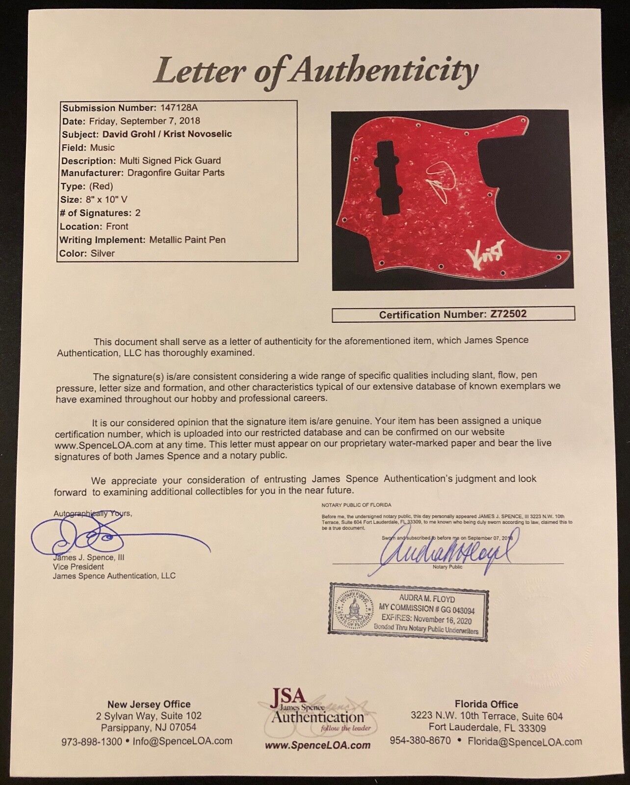 Nirvana Dave Grohl Krist Novoselic Fender Bass Guitar JSA Signed Autograph