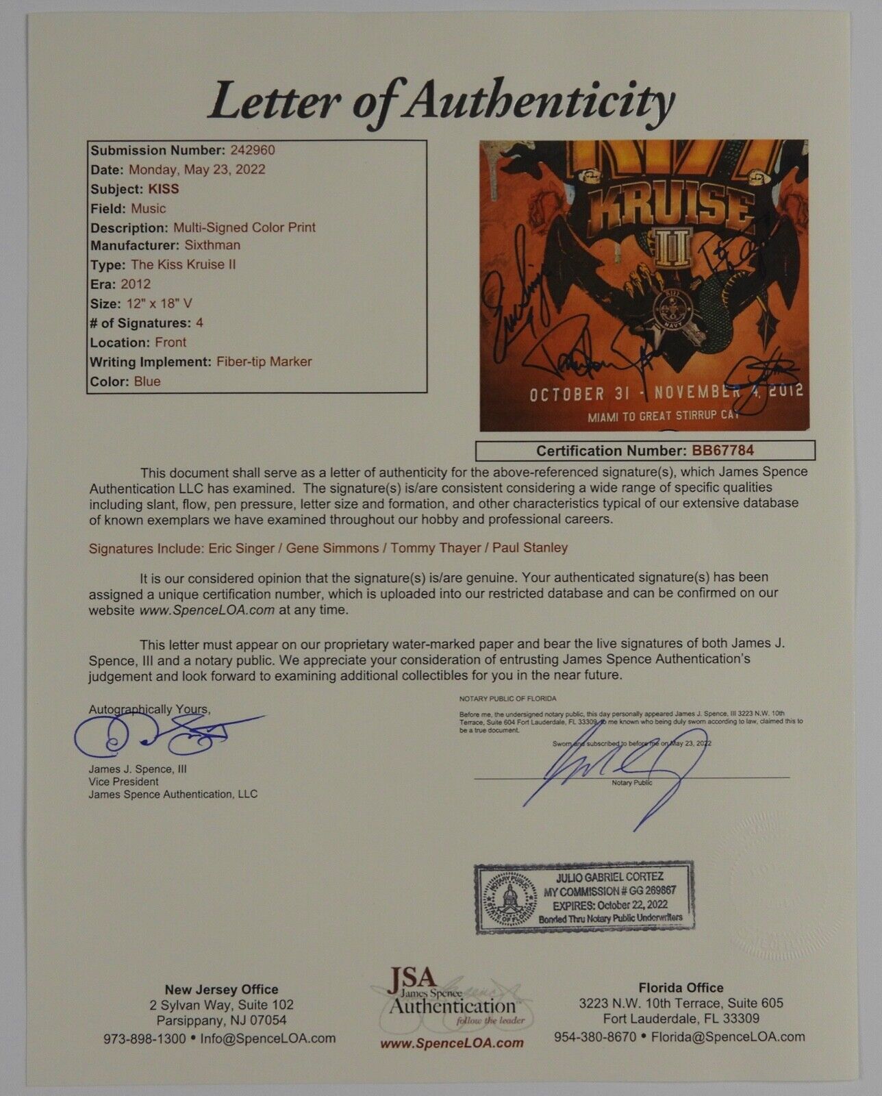 KISS JSA Signed Autograph 12 x 18 Gene Simmons Paul Stanley Kruise II Poster