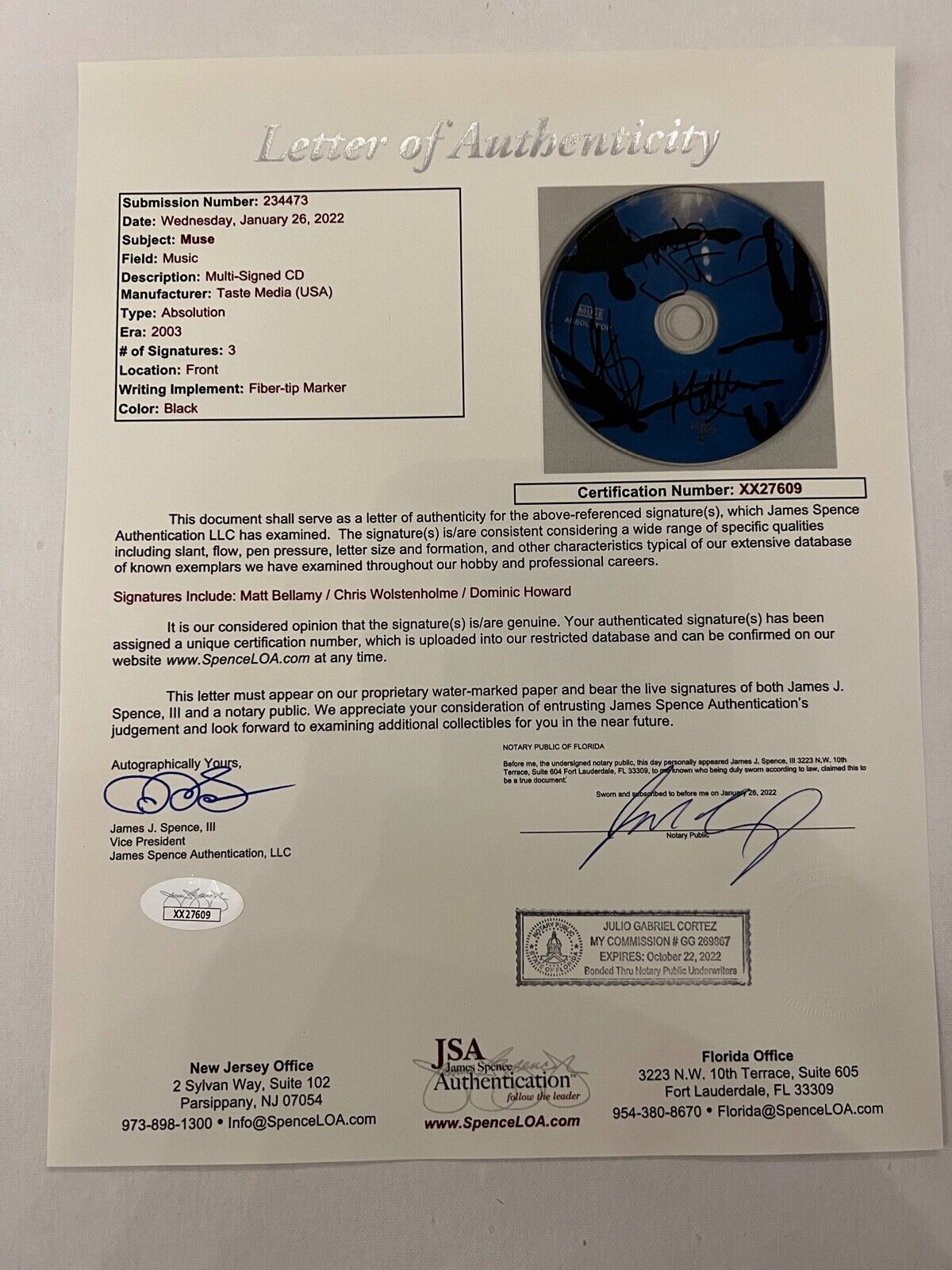 MUSE JSA Fully Autograph Signed CD Absolution Matt Bellamy Chris Wolstenholme +