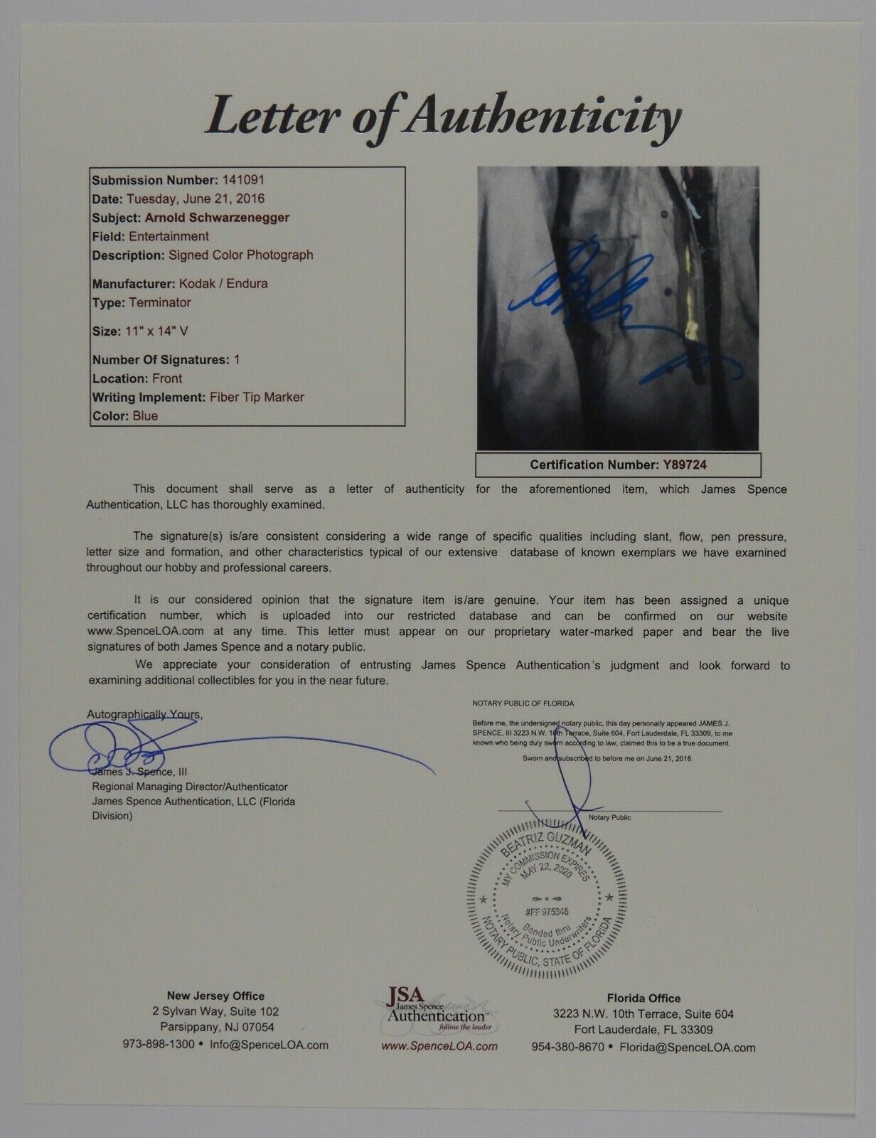 Arnold Schwarzenegger JSA Autograph Signed 11 x 14 Photo The Terminator