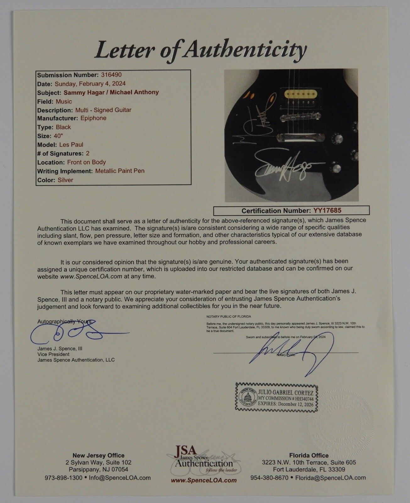 Van Halen JSA Sammy Hagar Michael Anthony Autograph Signed Guitar Les Paul