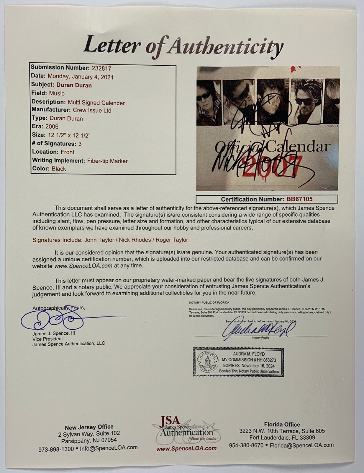 Duran Duran JSA Signed Autograph 2007 Calendar Roger Taylor Nick Rhodes John