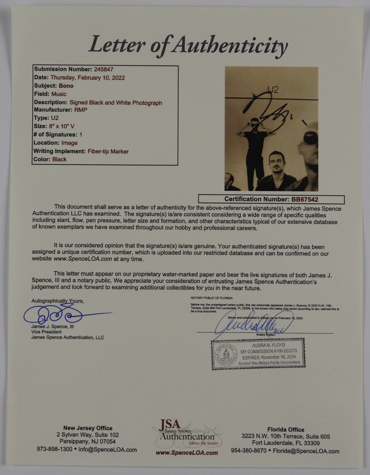 U2 Bono Signed Autograph 8 x 10 promo photo