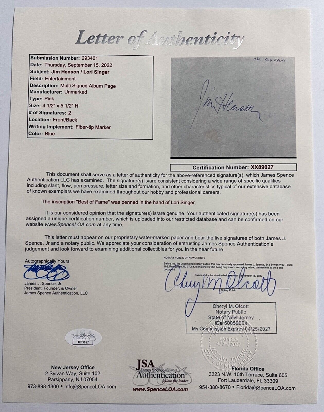 Jim Henson JSA COA Signed Autograph Cut The Muppets