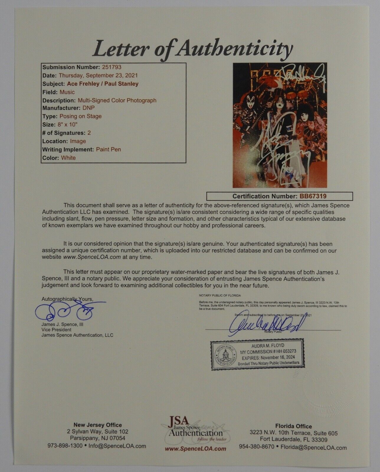 KISS Paul Stanley Ace Frehley Signed JSA Signed Autograph 8 x 10 Photo