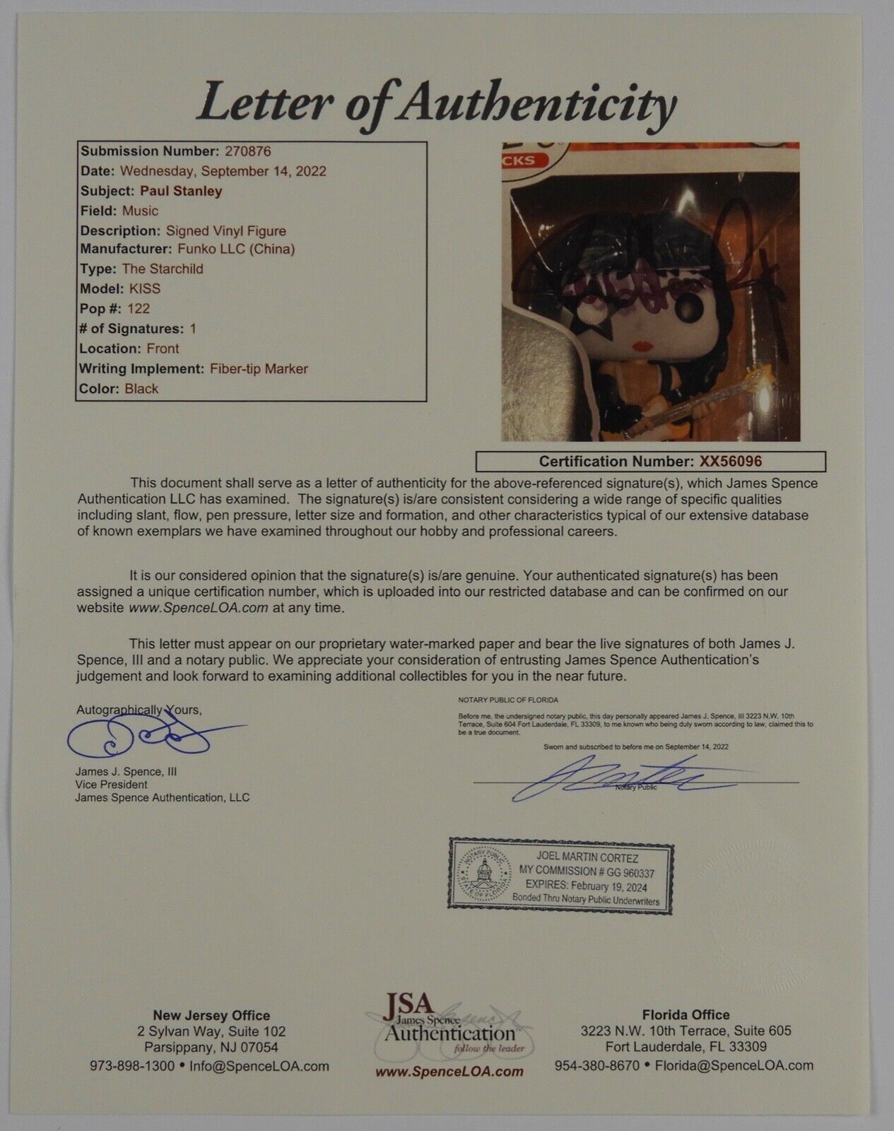Paul Stanley Signed Autograph Funko Pop 122 JSA KISS Starchild
