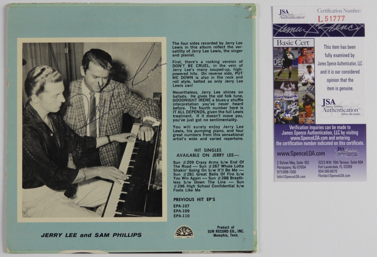 Jerry Lee Lewis Signed Autograph JSA 45 Original Sun Record Sleeve EP-108