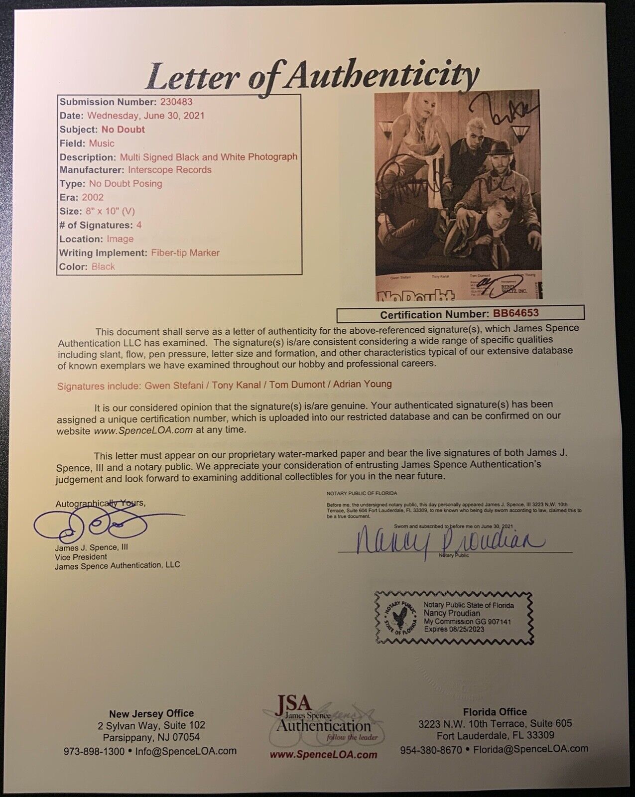 No Doubt Autograph Signed Gwen Stefani Photo Full Band JSA