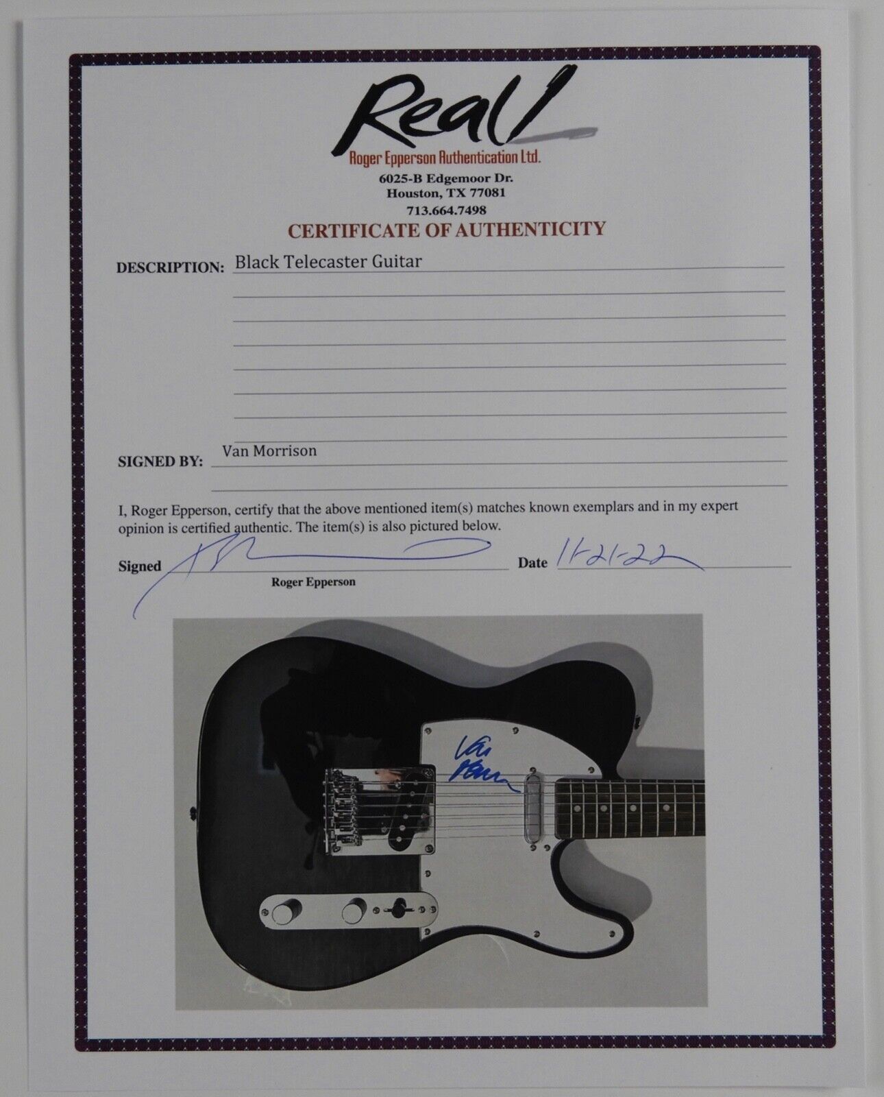 Van Morrison Autograph Signed Telecaster Fender Squier Guitar Epperson REAL COA
