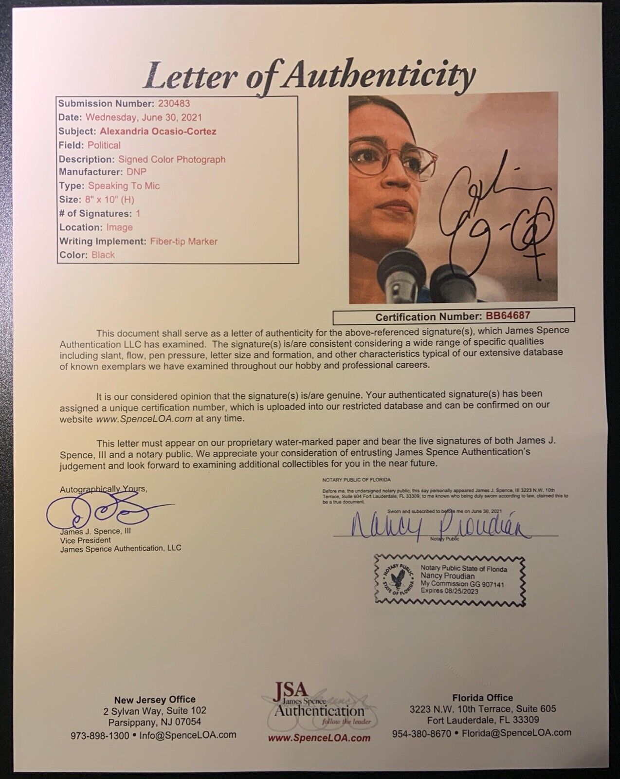 Alexandria Ocasio-Cortez AOC JSA Autograph Signed Photo COA 8 x 10 photo