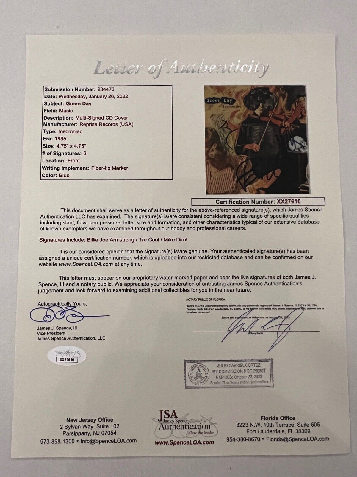 Green Day JSA Autograph Signed CD Insomniac Booklet Billie Joe Tre Cool Mike