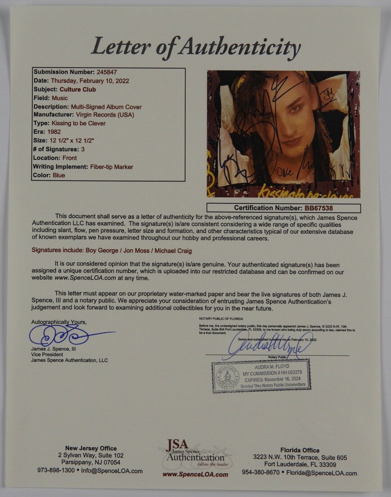 Culture Club JSA Signed Autograph Album Record Vinyl Boy George Kissing To Be