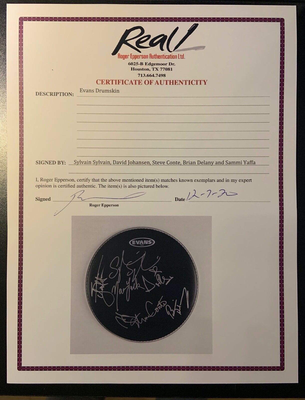 New York Dolls Signed Autograph 12" Drum Head REAL Epperson Sylvain Sylvain