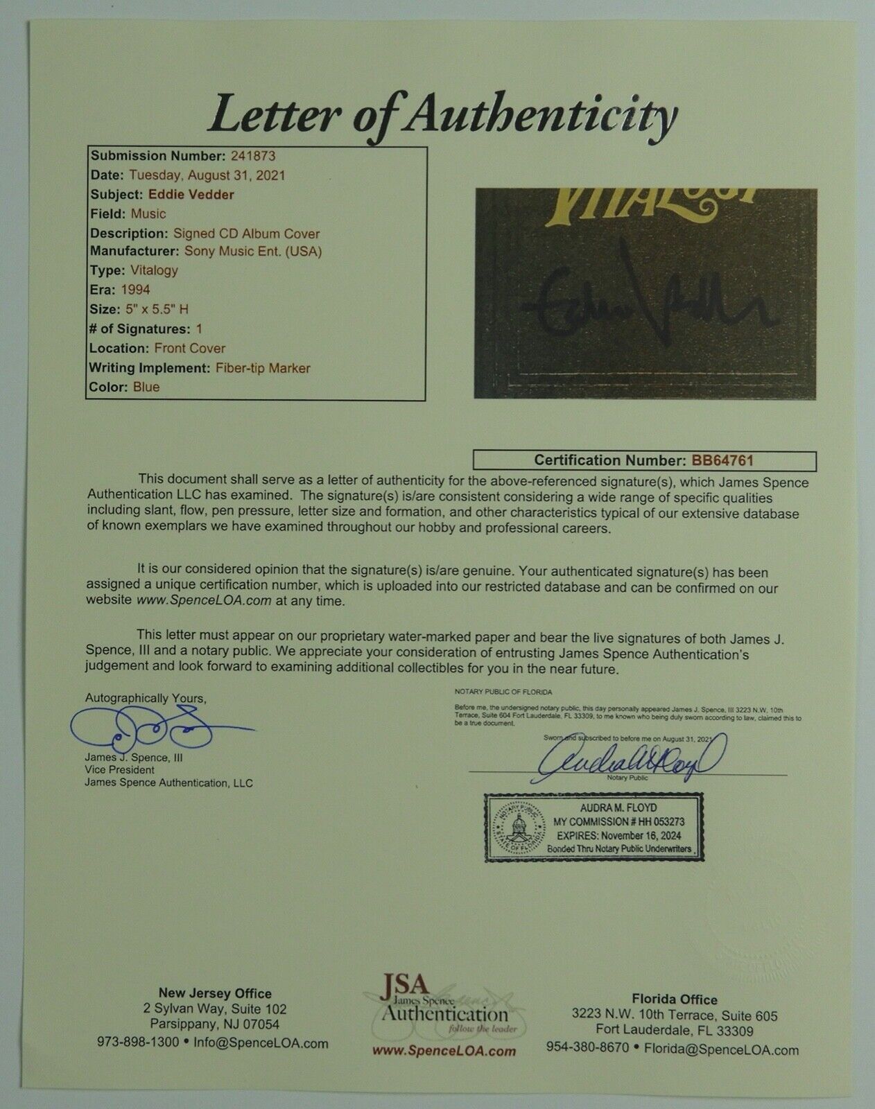 Pearl Jam Eddie Vedder JSA signed autograph CD Vitalogy