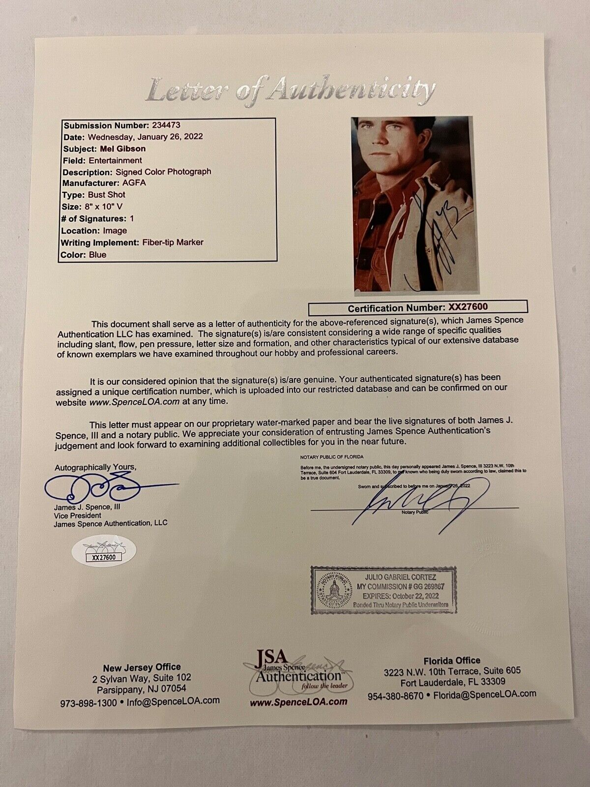 Mel Gibbon JSA Autograph Signed Photo 8 x 10