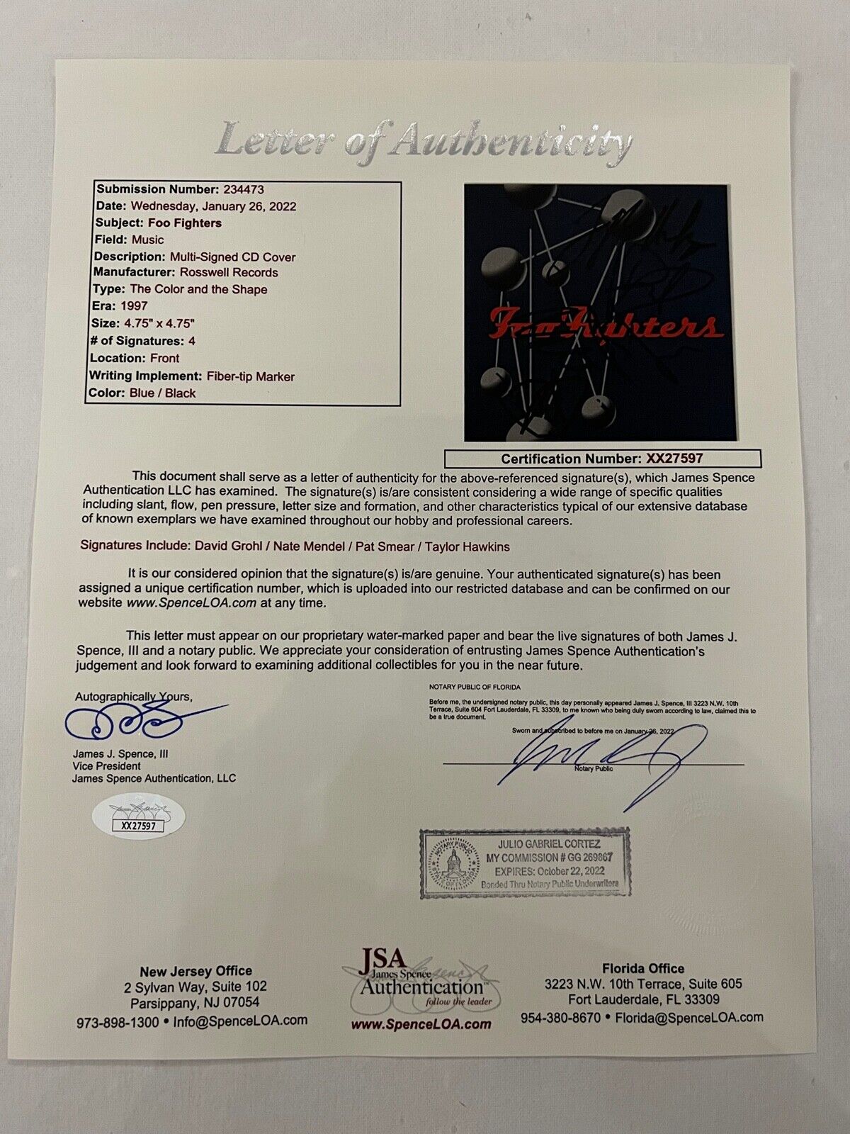 Foo Fighters JSA Fully Autograph Signed CD The Colour and the Shape David Grohl