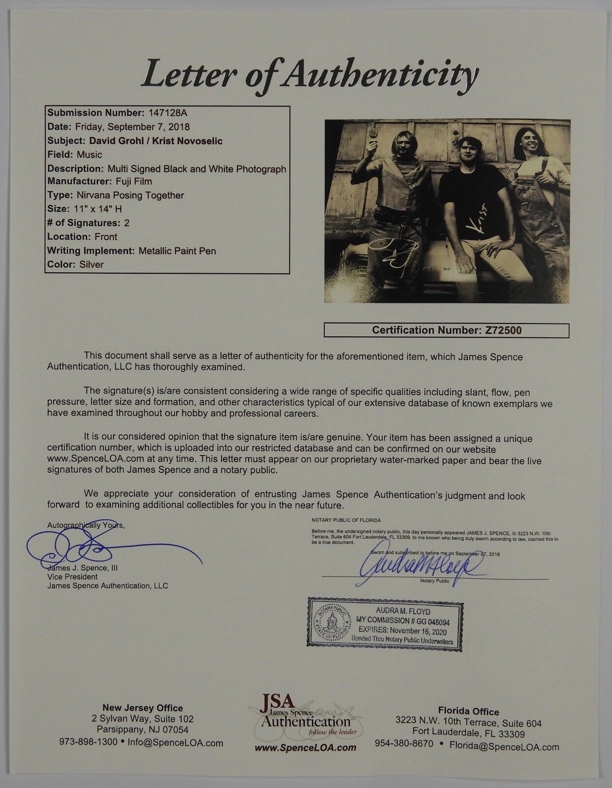 Dave Grohl Krist Nirvana JSA Signed Autograph Photo 11 x 14