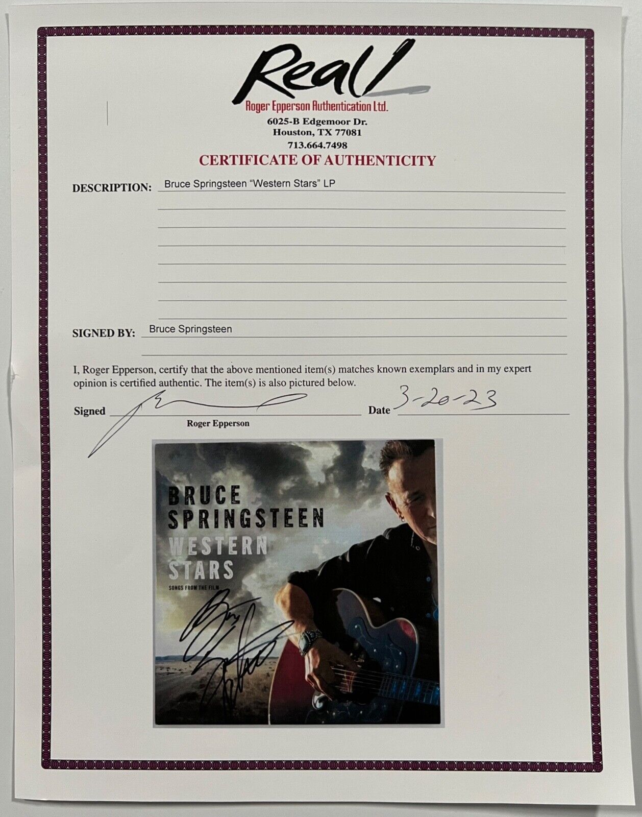 Bruce Springsteen REAL Autograph Signed Record Album Wester Stars Epperson