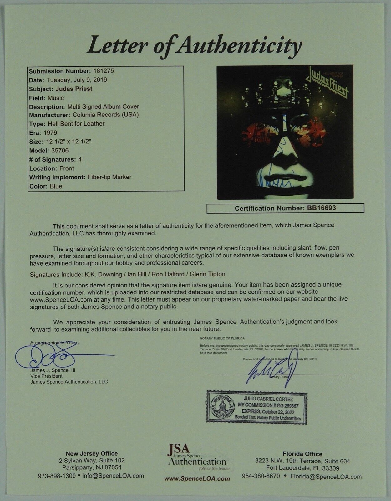 Judas Priest Band Signed Autograph Record Album JSA Vinyl Hell Bent For Leather