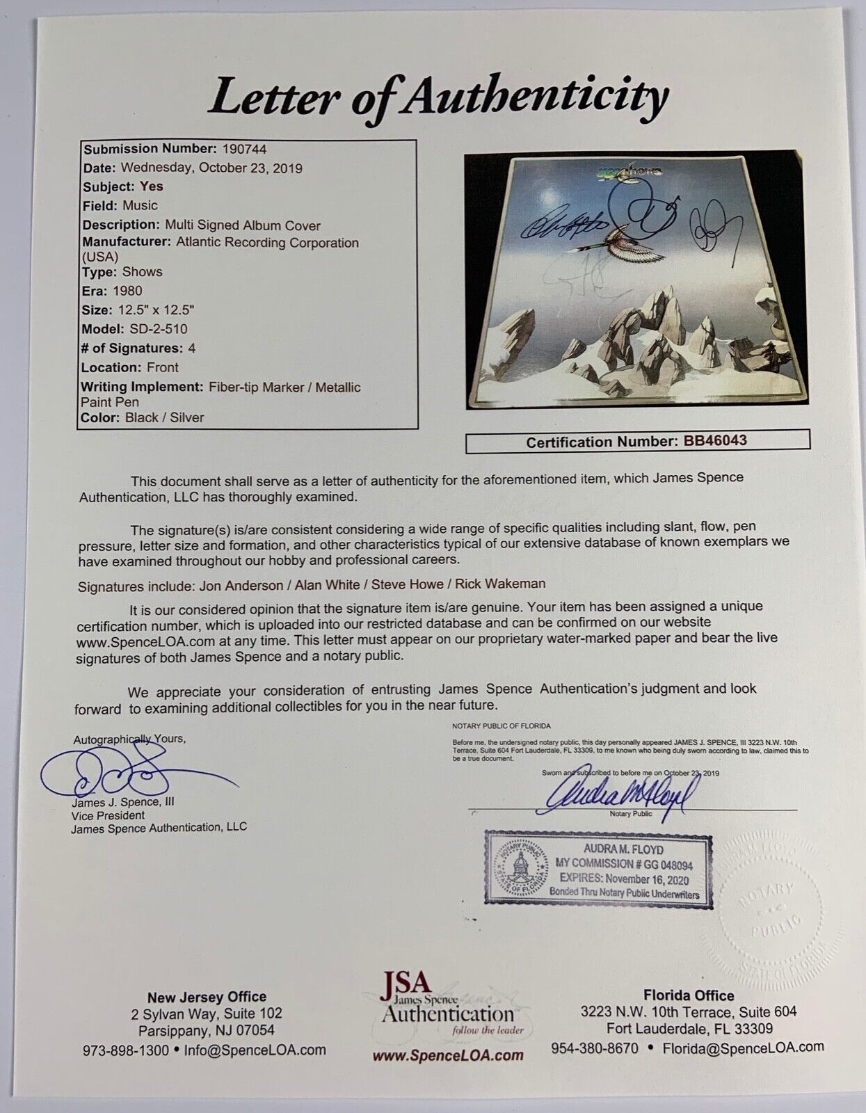 YES JSA Signed Autograph Album Record Vinyl Jon Anderson Steve Howe Shows