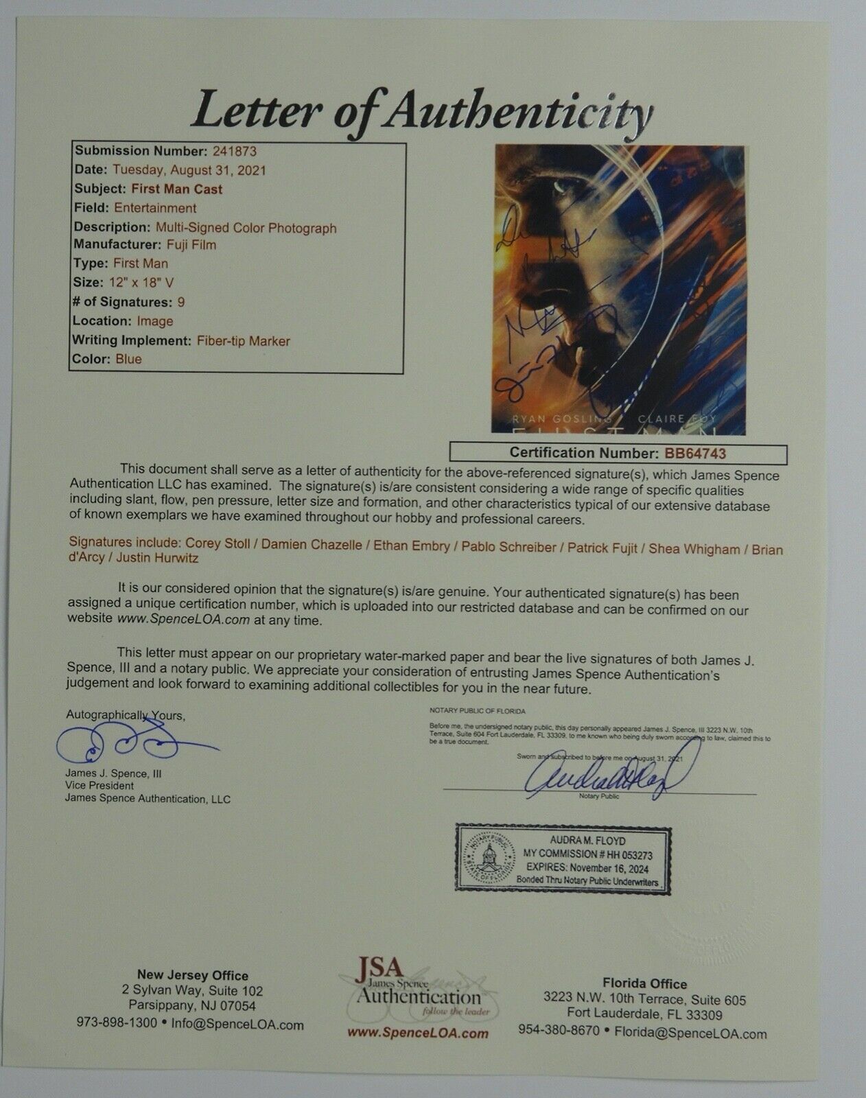 First Man JSA Signed Autograph 12 x 18 photo - 8 Signatures