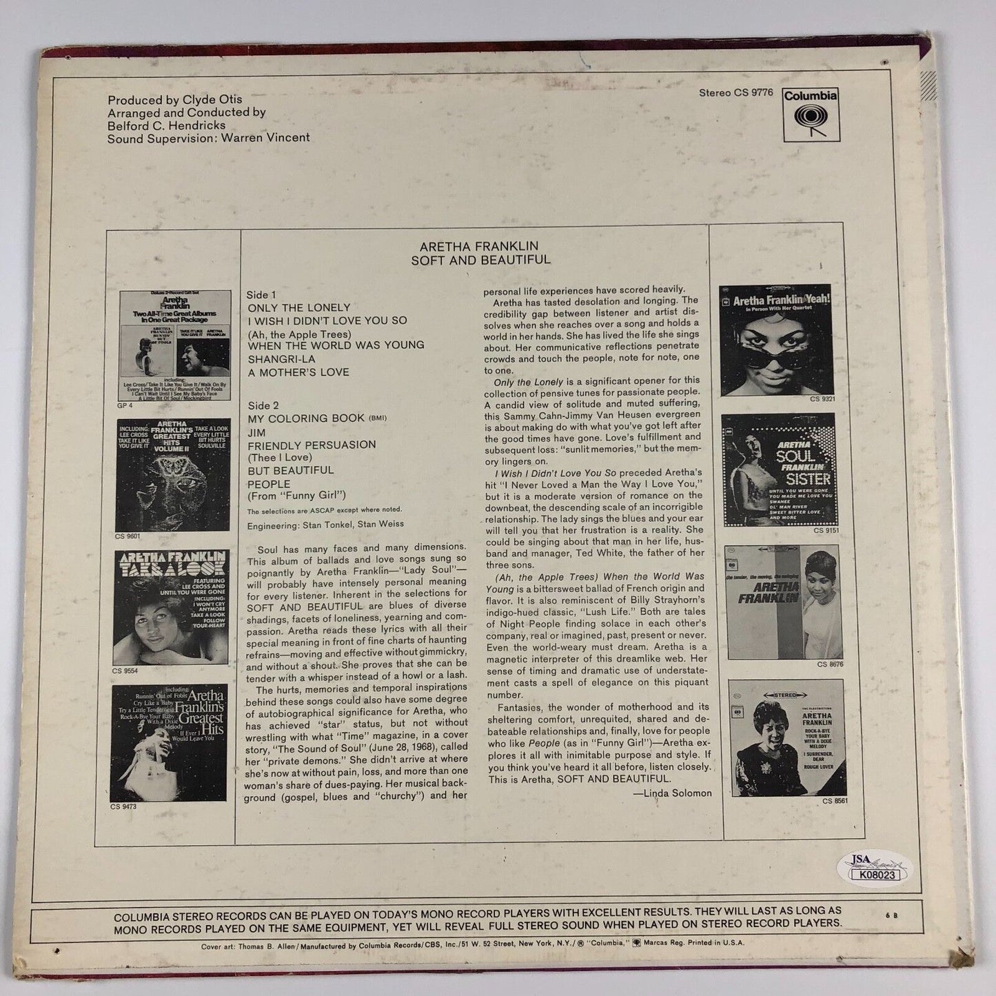 Aretha Franklin Soft And Beautiful Autograph Signed Album JSA COA Vinyl Record