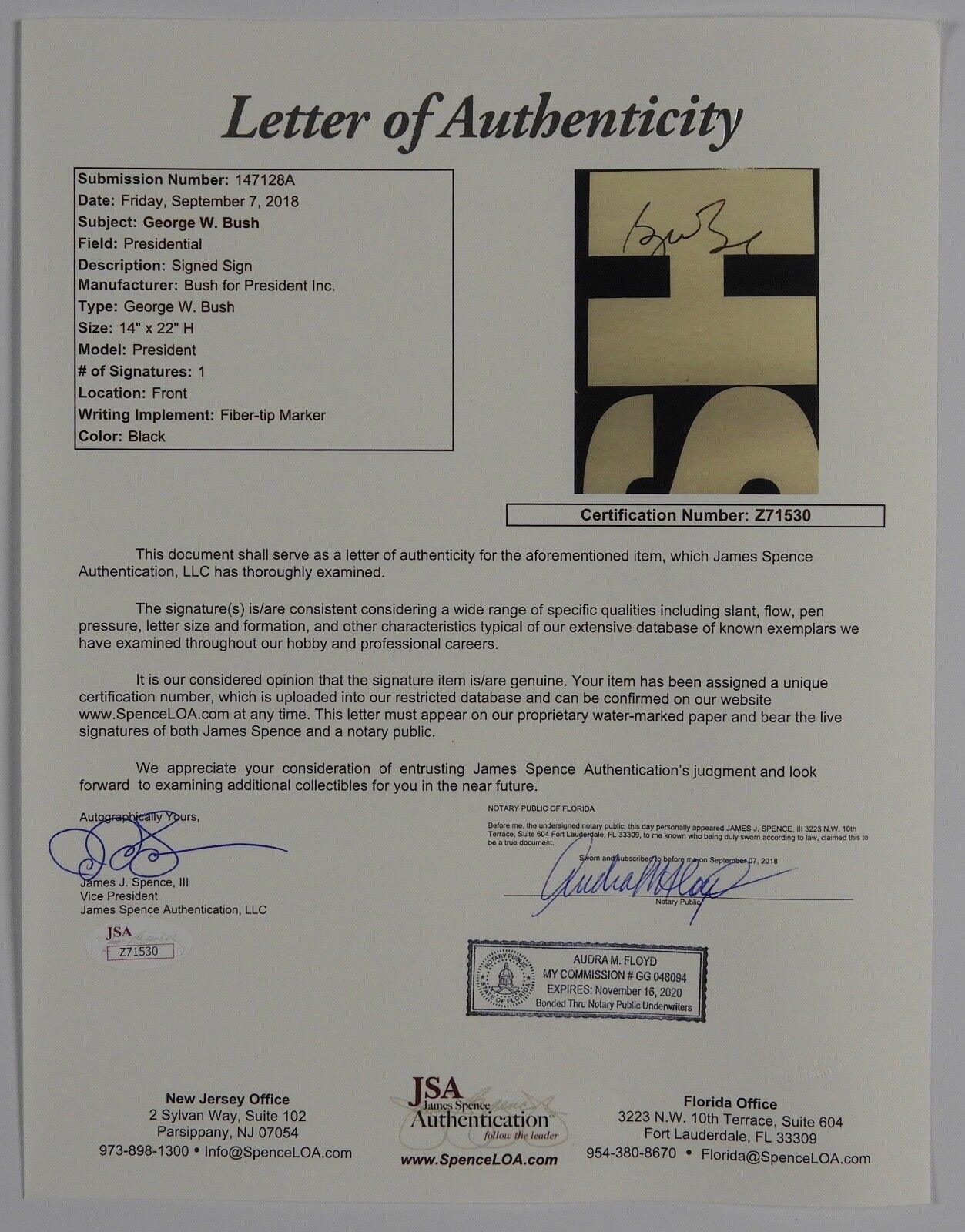 George W Bush JSA Autographed Signed Campaign Poster Framed