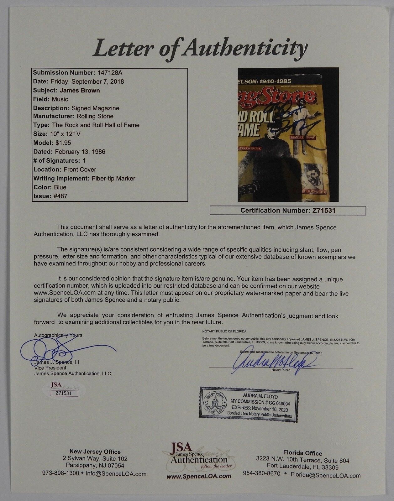 James Brown JSA Autograph Signed Rolling Stone Magazine Cover