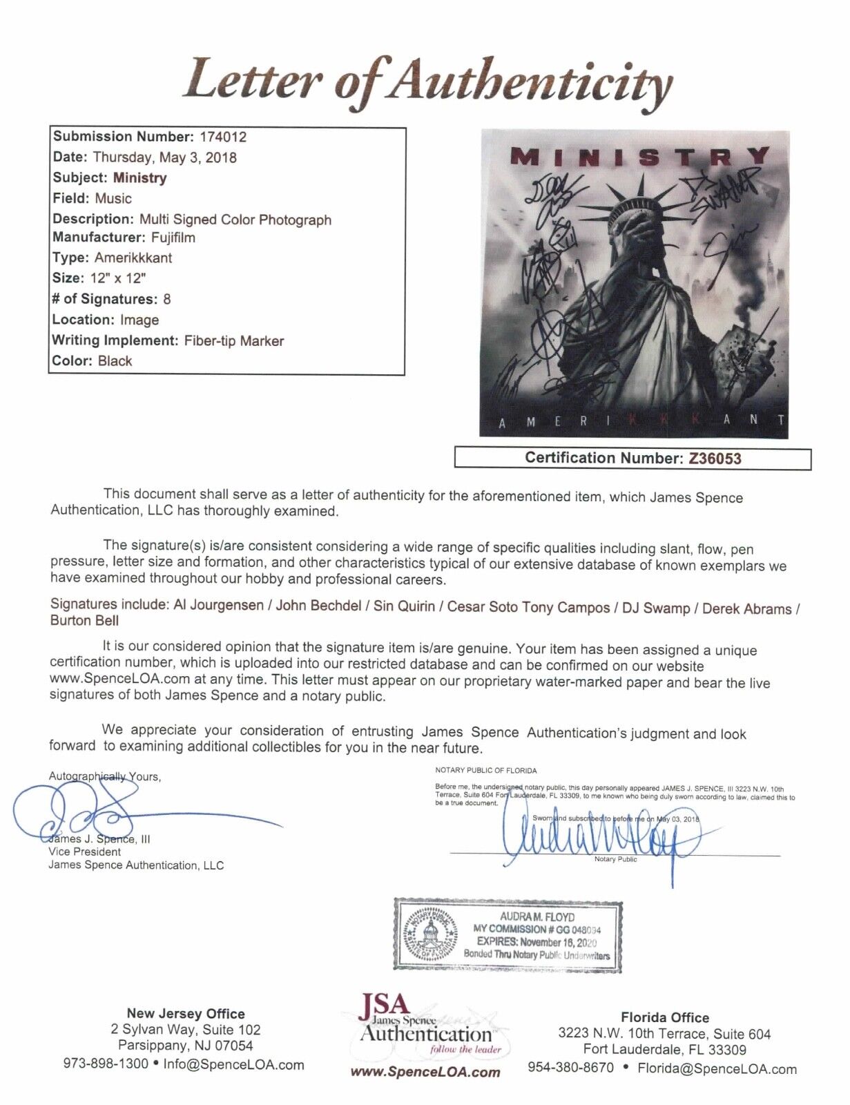 Ministry Autograph 12 x 12 photo JSA COA Al Jourgensen John Bechdel Amerikkkant