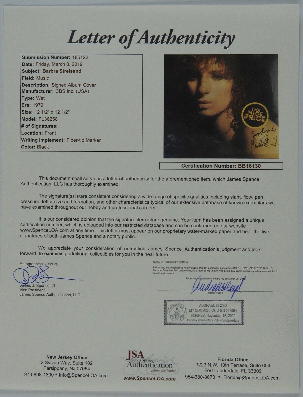 Barbra Streisand JSA Fully Signed Autograph Record Vinyl Full Name Wet
