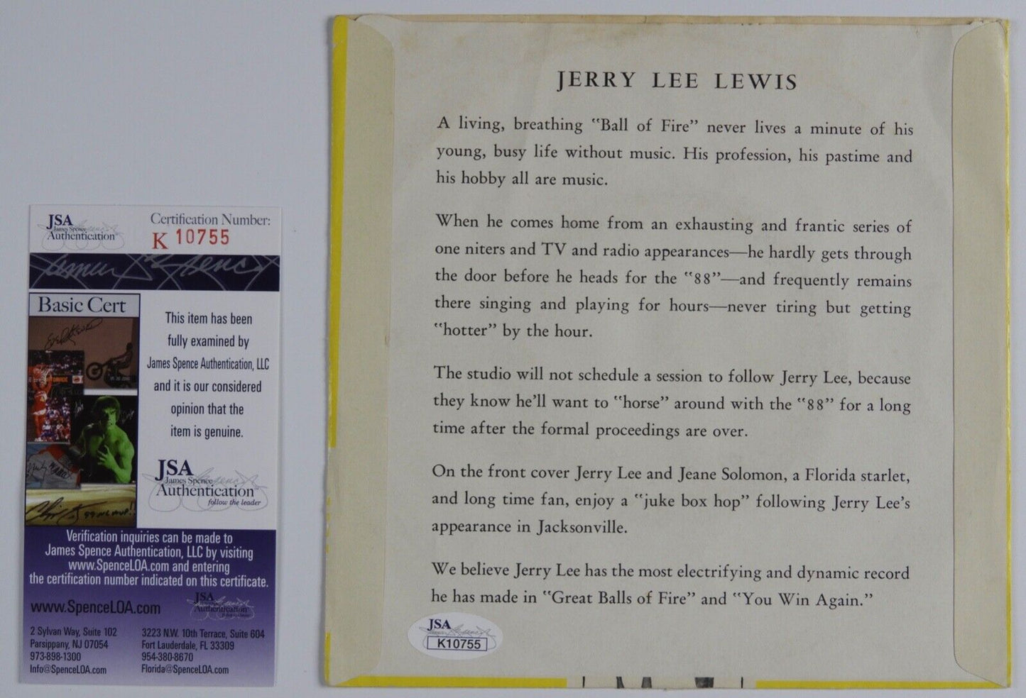 Jerry Lee Lewis Signed Autograph JSA Original Sun 45 Record Great Balls Of Fire