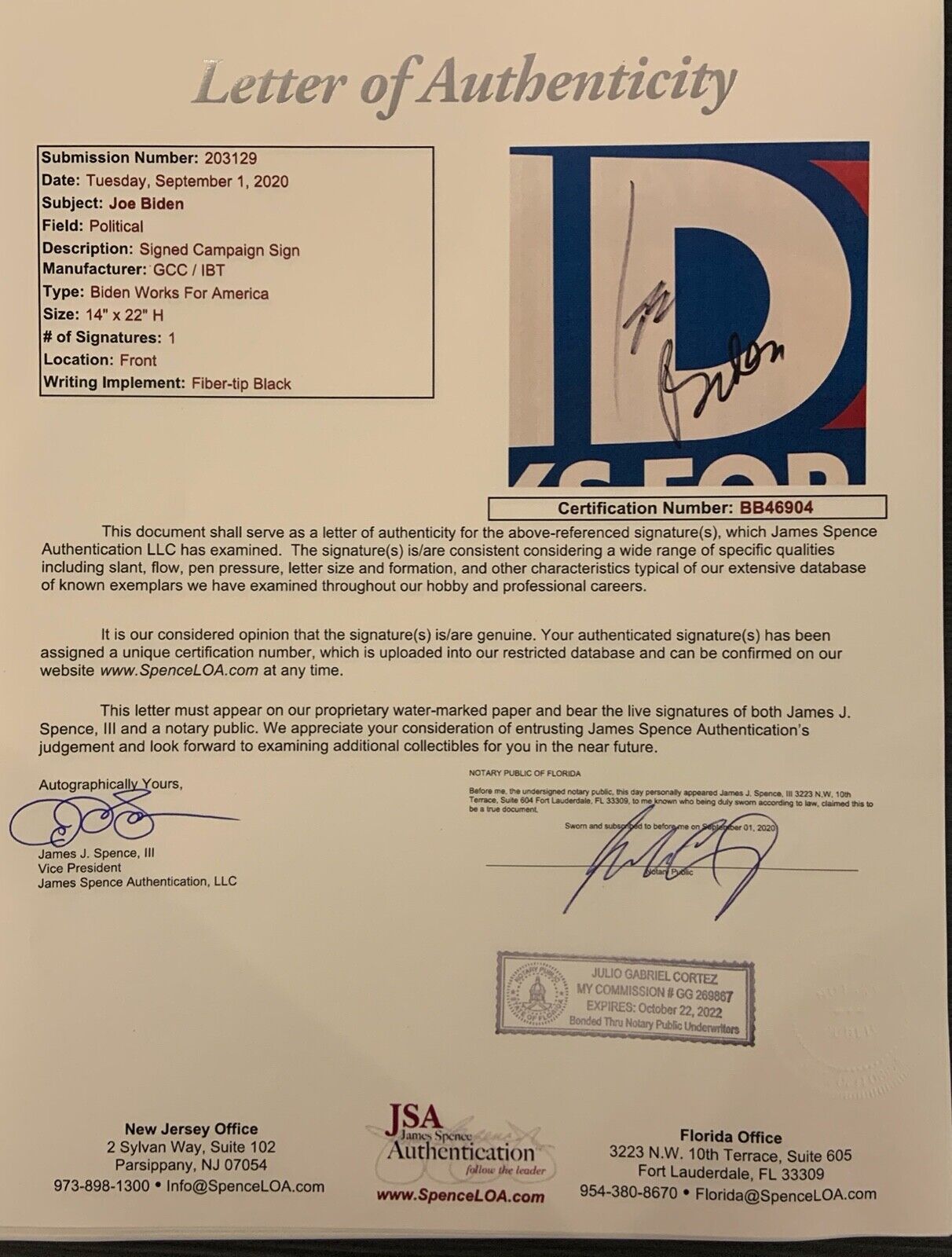 Joe Biden 46th President JSA Autograph Signed Campaign Sign
