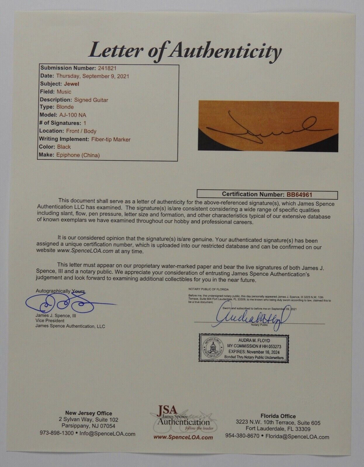 Jewel JSA COA Autograph Signed Epiphone Acoustic Guitar