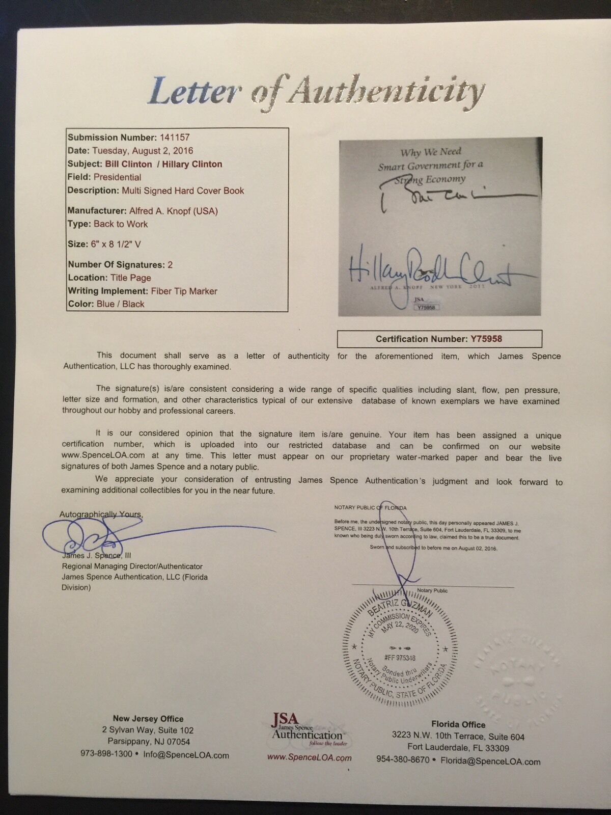 Hillary Clinton Bill Clinton Dual Autographed Signed Book JSA COA President