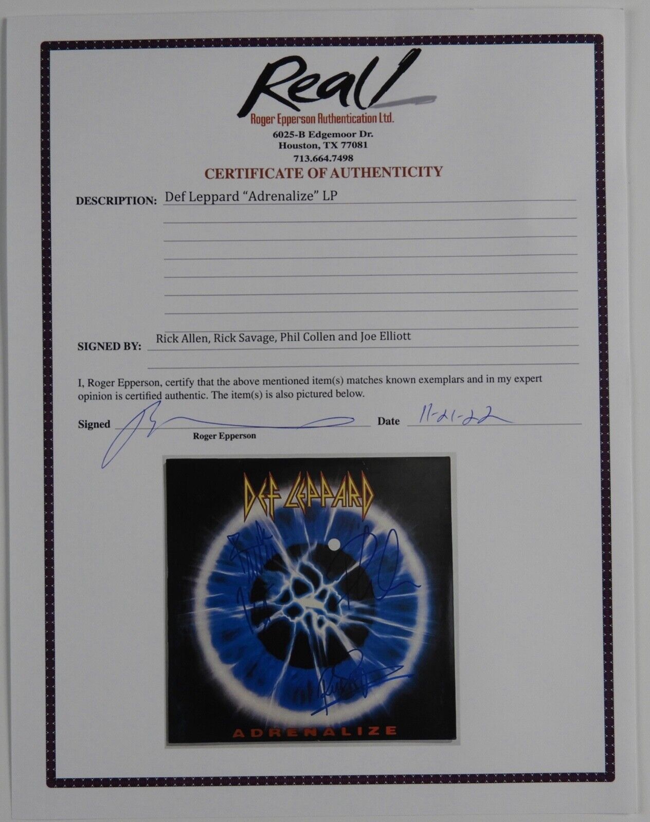 Def Leppard Fully Signed Adrenalize Autograph Album Record Vinyl REAL Epperson