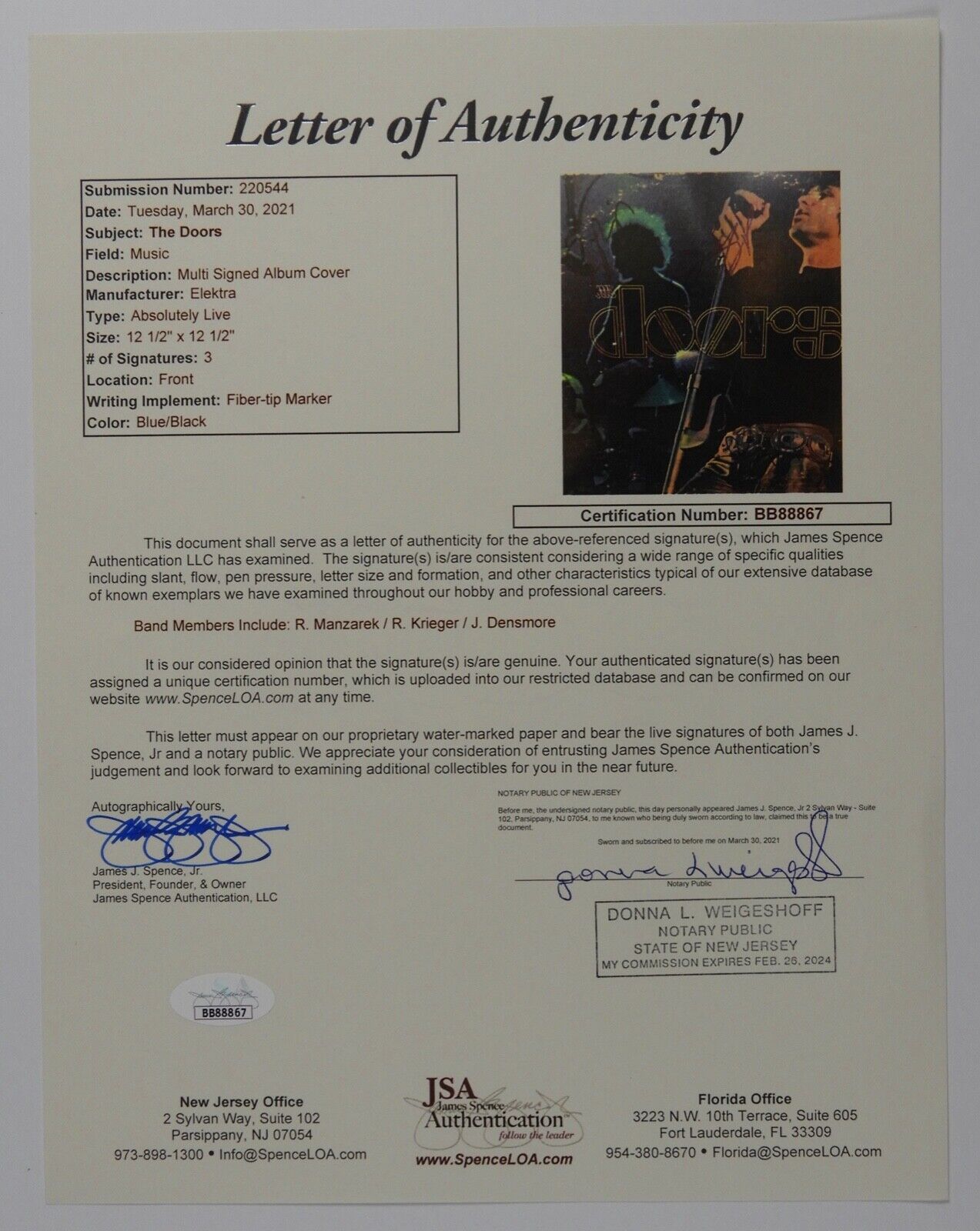 The Doors JSA Signed Autograph Album Vinyl Record Absolutely Live Robby Krieger